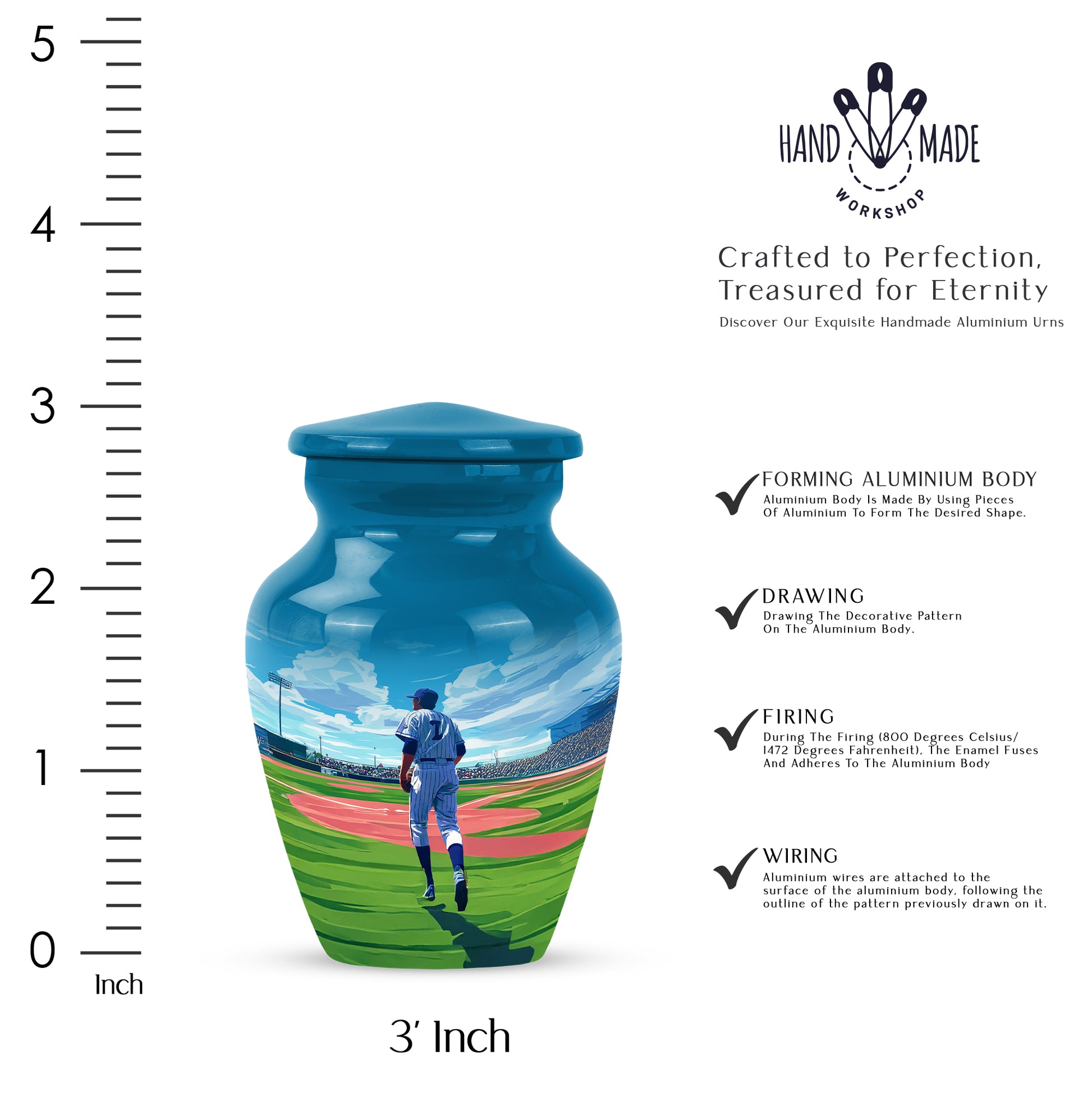 Slate Blue Baseball Cremation Urn close-up of engraving and surface detail - classic sculpted baseball pattern on smooth aluminum - mini keepsake memorial for portion of cremation ashes