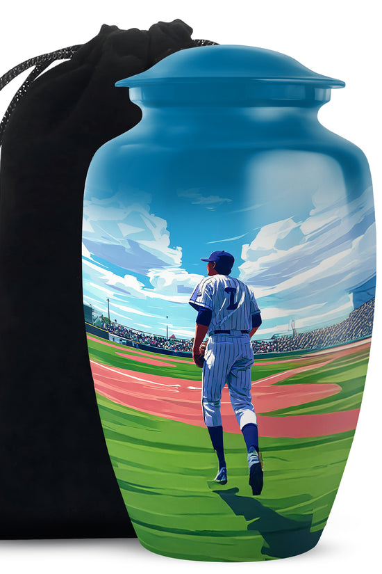 Bright Blue Baseball Cremation Urn angled view of lid and engraved motif - elegant classic baseball relief with fine detailing - full-size 10 inch 200 cubic inch adult cremation urn