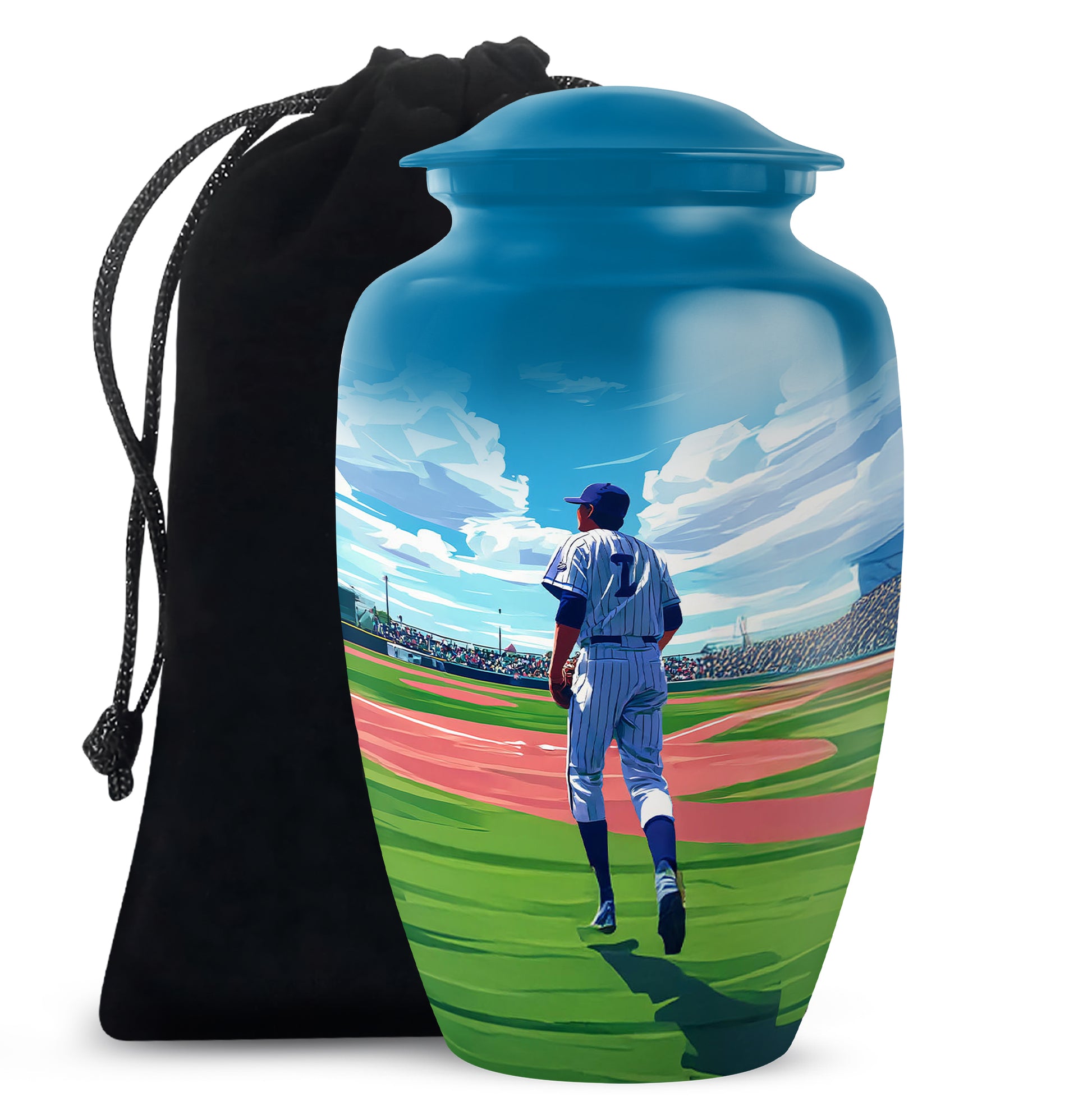 Bright Blue Baseball Cremation Urn angled view of lid and engraved motif - elegant classic baseball relief with fine detailing - full-size 10 inch 200 cubic inch adult cremation urn