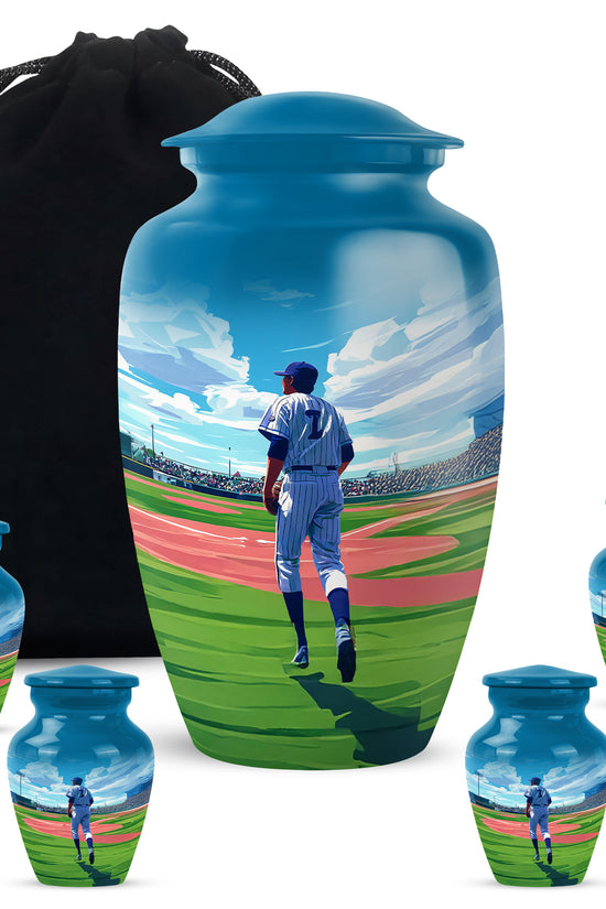 Misty Blue Baseball Cremation Urn top-down view of secure threaded lid - classic sculpted baseball pattern on smooth aluminum - memorial set with one large and four small urns