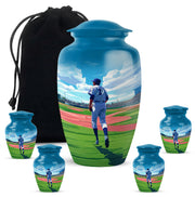 Misty Blue Baseball Cremation Urn top-down view of secure threaded lid - classic sculpted baseball pattern on smooth aluminum - memorial set with one large and four small urns
