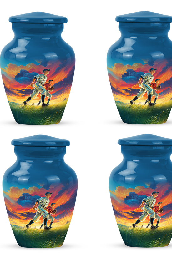 Steel Blue Baseball Cremation Urn side profile showing urn shape - traditional baseball engraving with hand-polished finish - 10 inch aluminum urn for cremated remains