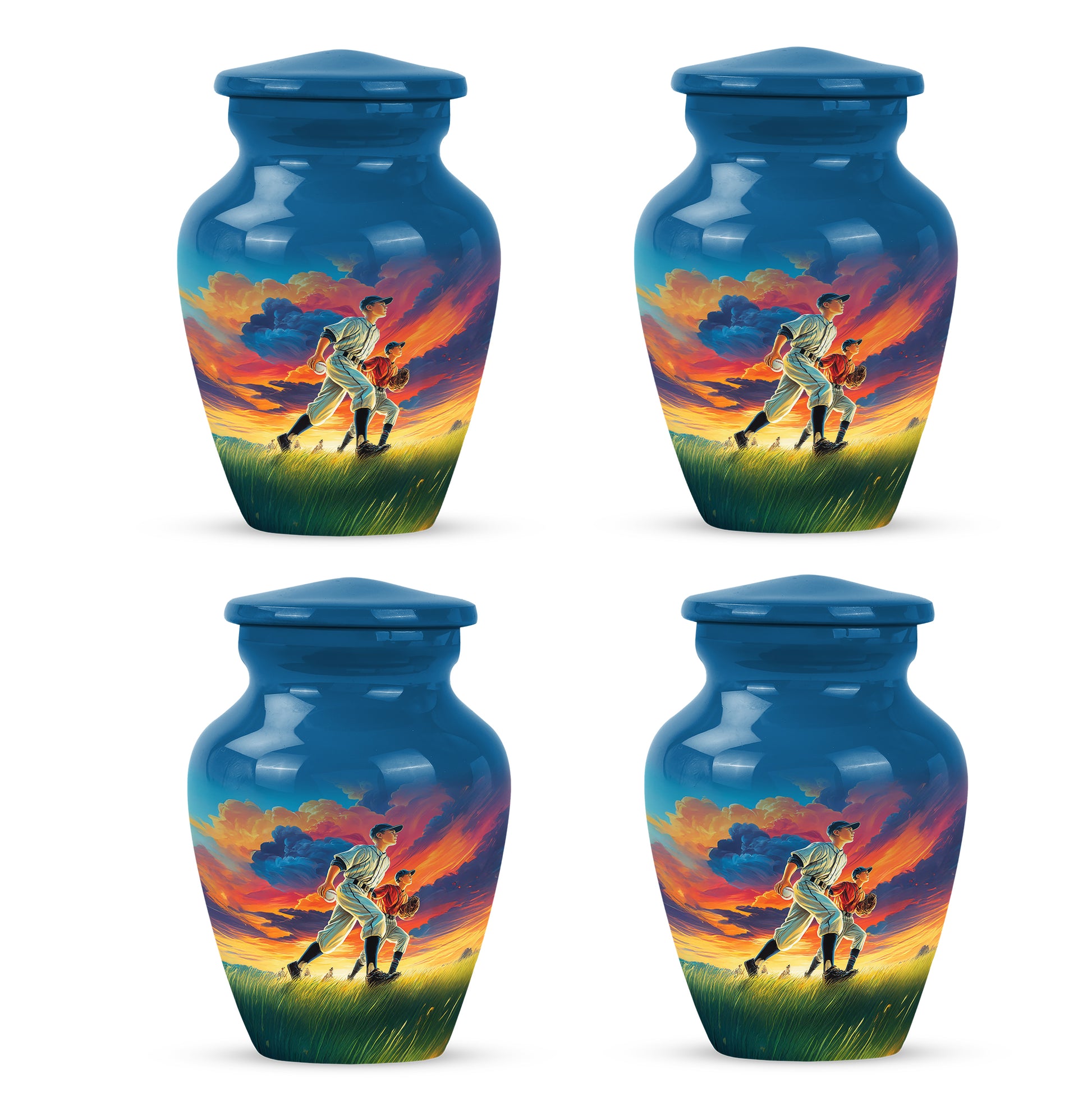 Steel Blue Baseball Cremation Urn side profile showing urn shape - traditional baseball engraving with hand-polished finish - 10 inch aluminum urn for cremated remains