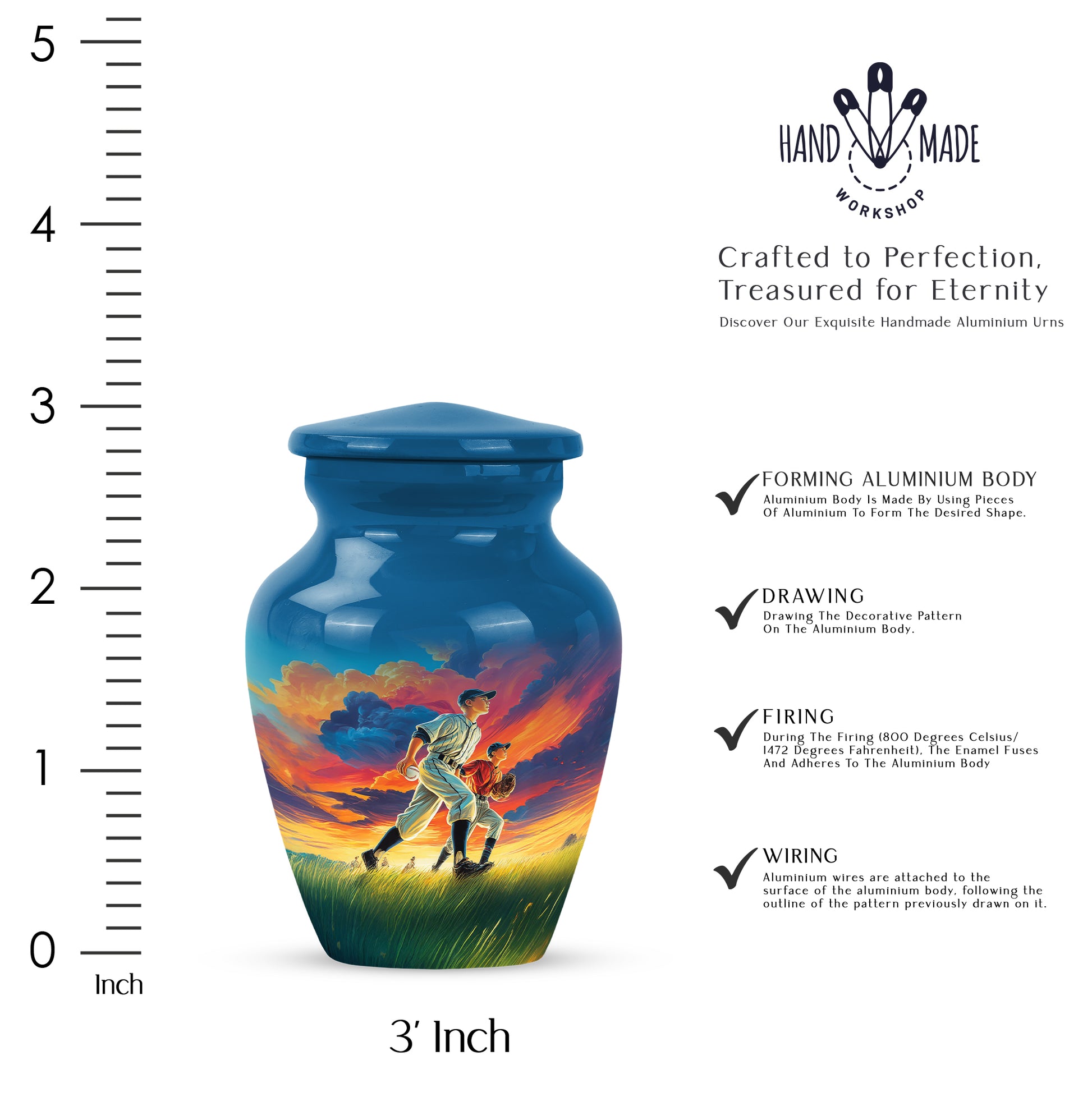 Bright Blue Baseball Cremation Urn close-up of engraving and surface detail - traditional baseball engraving with hand-polished finish - mini keepsake memorial for portion of cremation ashes