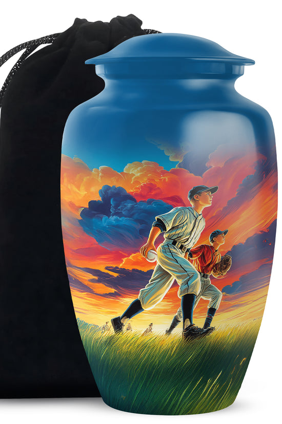Sapphire Blue Baseball Cremation Urn angled view of lid and engraved motif - traditional baseball engraving with hand-polished finish - full-size 10 inch 200 cubic inch adult cremation urn