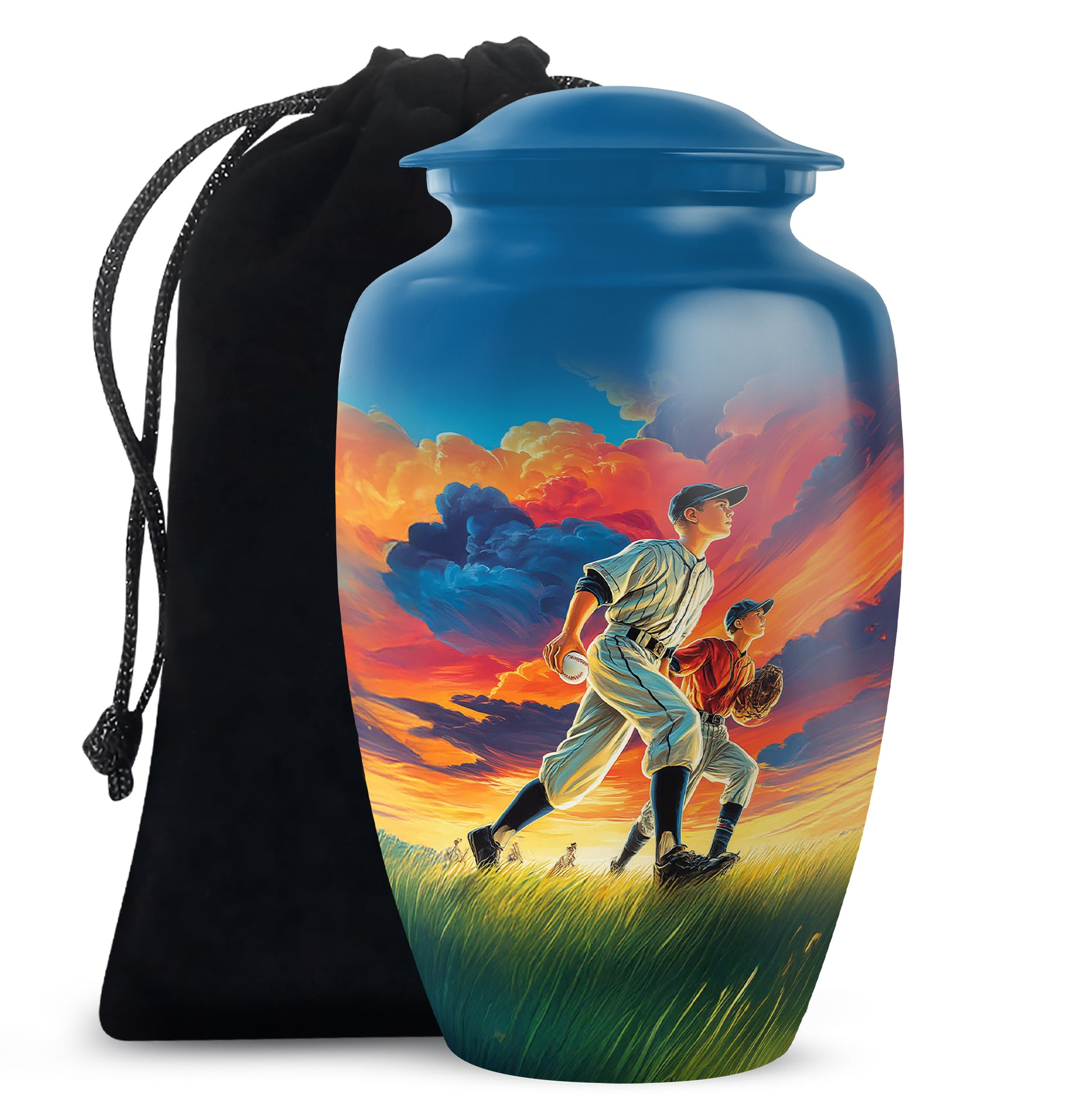 Sapphire Blue Baseball Cremation Urn angled view of lid and engraved motif - traditional baseball engraving with hand-polished finish - full-size 10 inch 200 cubic inch adult cremation urn