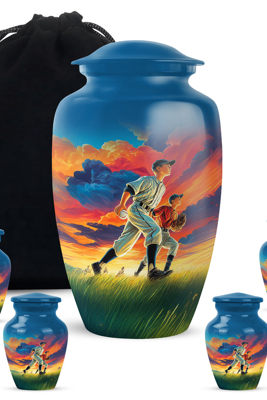 Vivid Blue Baseball Cremation Urn top-down view of secure threaded lid - traditional baseball engraving with hand-polished finish - memorial set with one large and four small urns