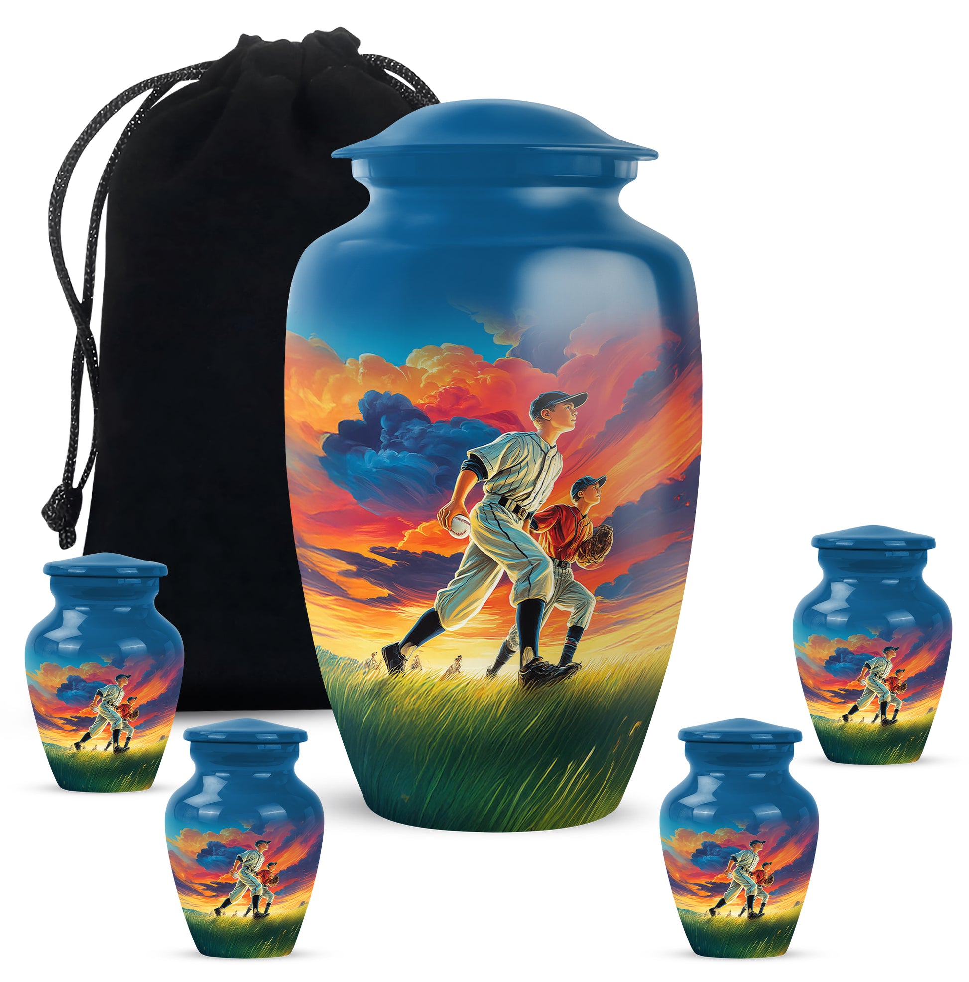 Vivid Blue Baseball Cremation Urn top-down view of secure threaded lid - traditional baseball engraving with hand-polished finish - memorial set with one large and four small urns