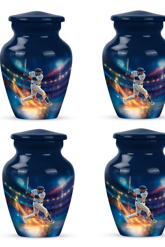 Celestial Blue Baseball Cremation Urn side profile showing urn shape - classic sculpted baseball pattern on smooth aluminum - 10 inch aluminum urn for cremated remains