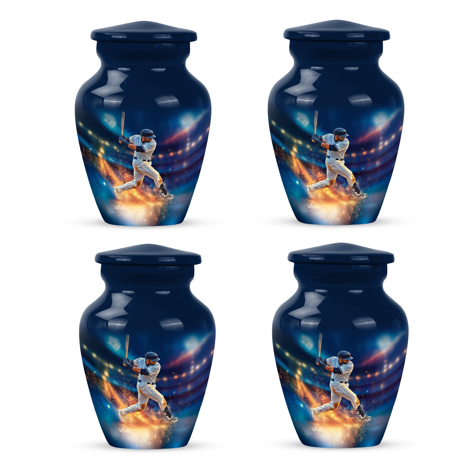 Celestial Blue Baseball Cremation Urn side profile showing urn shape - classic sculpted baseball pattern on smooth aluminum - 10 inch aluminum urn for cremated remains