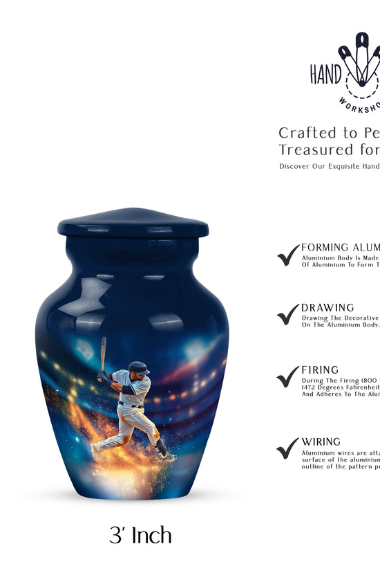 Steel Blue Baseball Cremation Urn close-up of engraving and surface detail - traditional baseball engraving with hand-polished finish - mini keepsake memorial for portion of cremation ashes