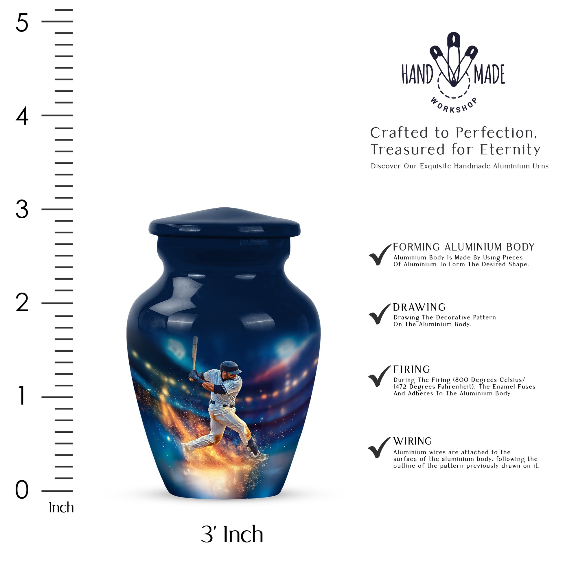 Steel Blue Baseball Cremation Urn close-up of engraving and surface detail - traditional baseball engraving with hand-polished finish - mini keepsake memorial for portion of cremation ashes