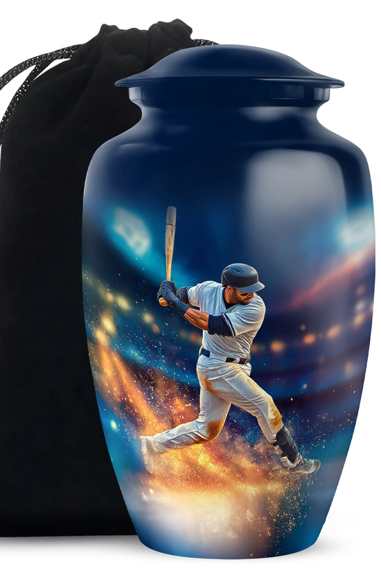 Royal Blue Baseball Cremation Urn angled view of lid and engraved motif - elegant classic baseball relief with fine detailing - full-size 10 inch 200 cubic inch adult cremation urn