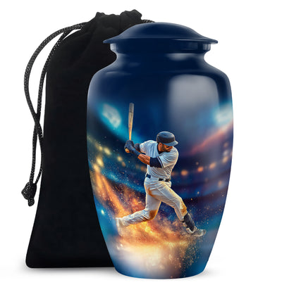 Royal Blue Baseball Cremation Urn angled view of lid and engraved motif - elegant classic baseball relief with fine detailing - full-size 10 inch 200 cubic inch adult cremation urn