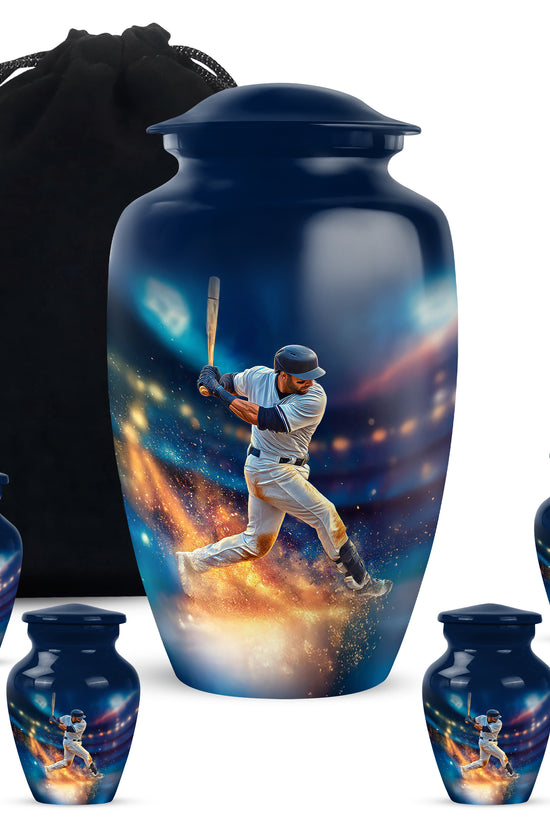 Cornflower Blue Baseball Cremation Urn top-down view of secure threaded lid - traditional baseball engraving with hand-polished finish - memorial set with one large and four small urns
