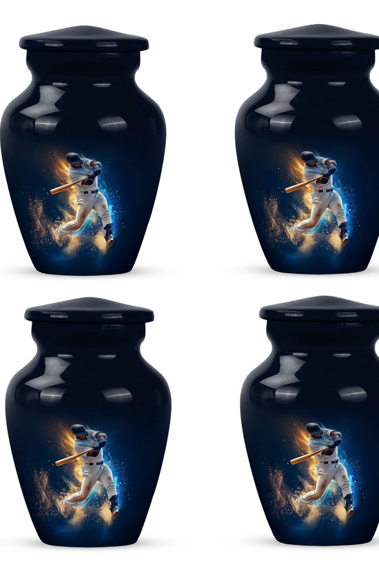 Dusty Blue Baseball Cremation Urn side profile showing urn shape - timeless baseball motif etched into premium metal - 10 inch aluminum urn for cremated remains