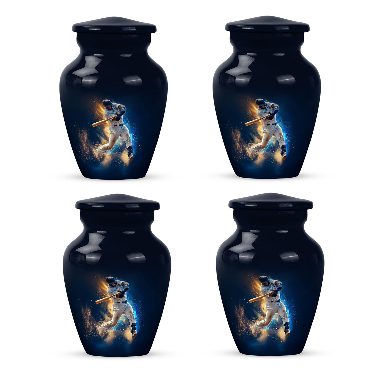 Dusty Blue Baseball Cremation Urn side profile showing urn shape - timeless baseball motif etched into premium metal - 10 inch aluminum urn for cremated remains