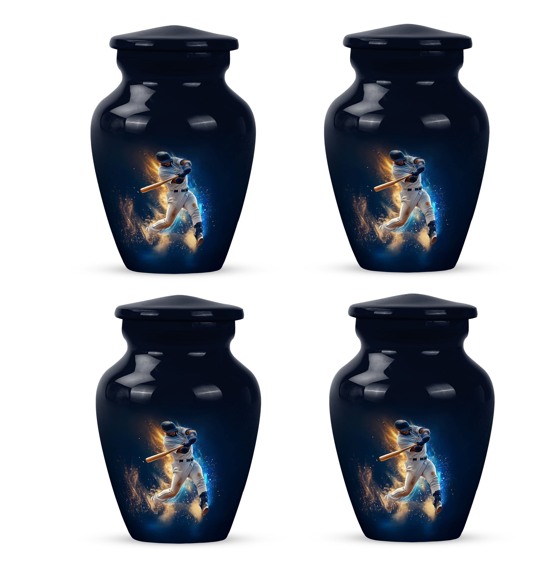 Dusty Blue Baseball Cremation Urn side profile showing urn shape - timeless baseball motif etched into premium metal - 10 inch aluminum urn for cremated remains