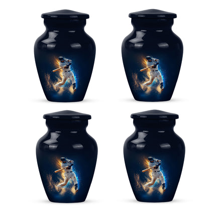 Dusty Blue Baseball Cremation Urn side profile showing urn shape - timeless baseball motif etched into premium metal - 10 inch aluminum urn for cremated remains