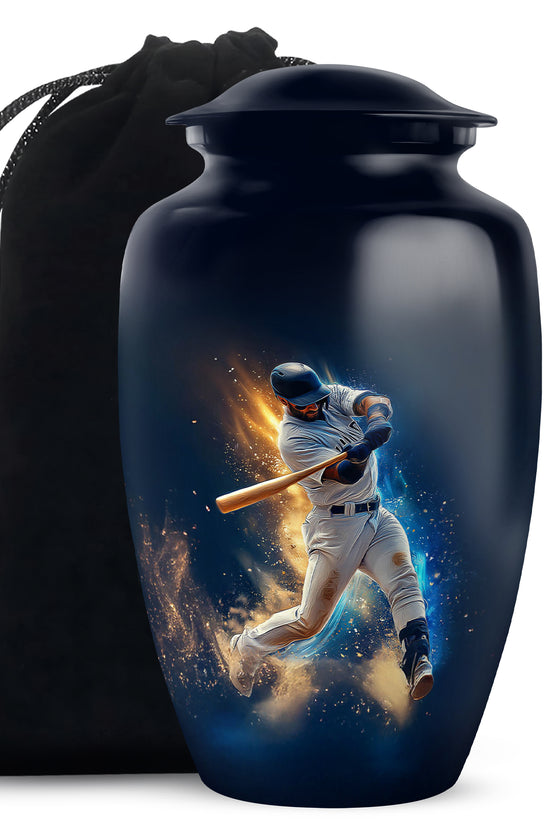 Steel Blue Baseball Cremation Urn angled view of lid and engraved motif - elegant classic baseball relief with fine detailing - full-size 10 inch 200 cubic inch adult cremation urn