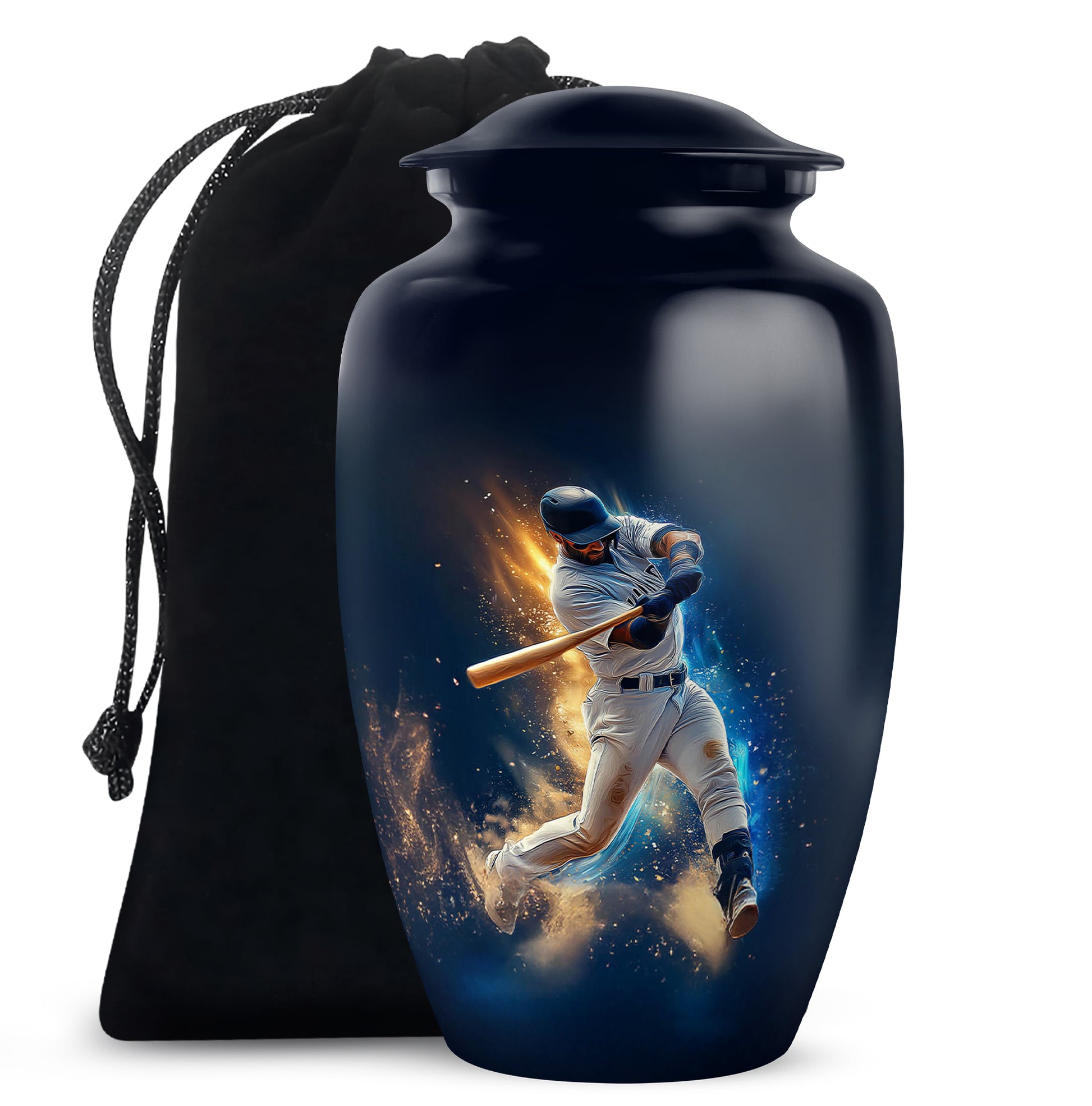 Steel Blue Baseball Cremation Urn angled view of lid and engraved motif - elegant classic baseball relief with fine detailing - full-size 10 inch 200 cubic inch adult cremation urn