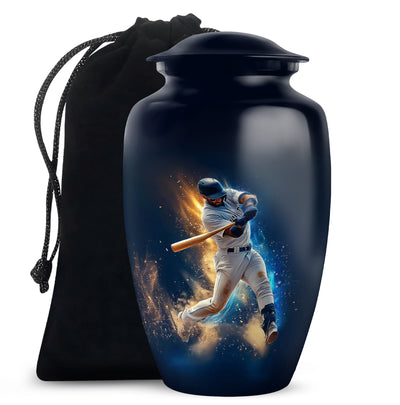 Steel Blue Baseball Cremation Urn angled view of lid and engraved motif - elegant classic baseball relief with fine detailing - full-size 10 inch 200 cubic inch adult cremation urn