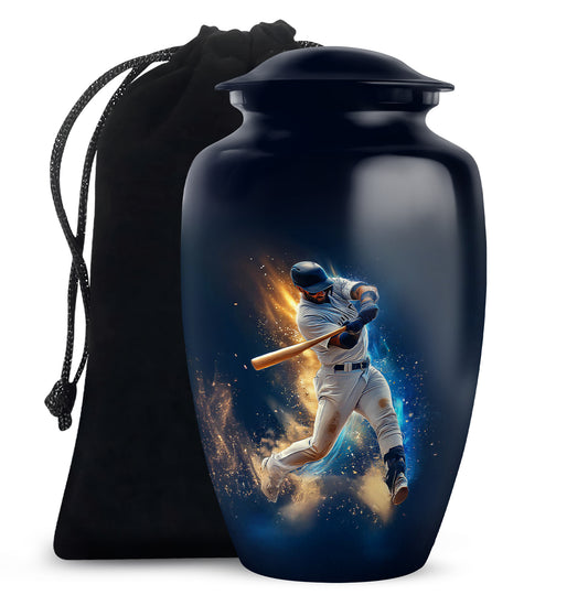 Steel Blue Baseball Cremation Urn angled view of lid and engraved motif - elegant classic baseball relief with fine detailing - full-size 10 inch 200 cubic inch adult cremation urn
