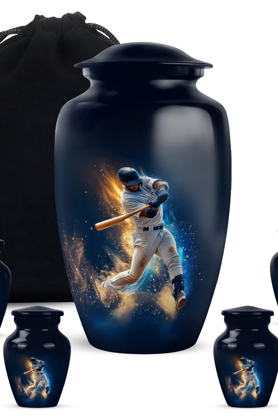 Twilight Blue Baseball Cremation Urn top-down view of secure threaded lid - elegant classic baseball relief with fine detailing - memorial set with one large and four small urns