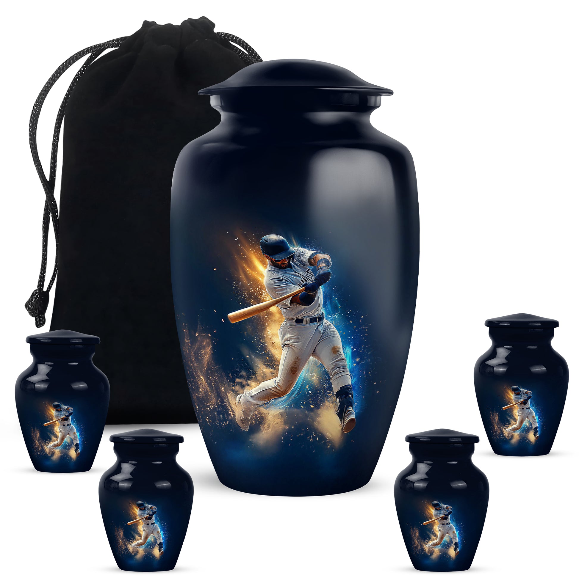 Twilight Blue Baseball Cremation Urn top-down view of secure threaded lid - elegant classic baseball relief with fine detailing - memorial set with one large and four small urns