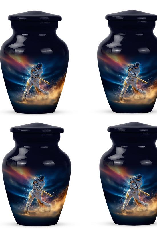 Bright Blue Baseball Cremation Urn side profile showing urn shape - elegant classic baseball relief with fine detailing - 10 inch aluminum urn for cremated remains