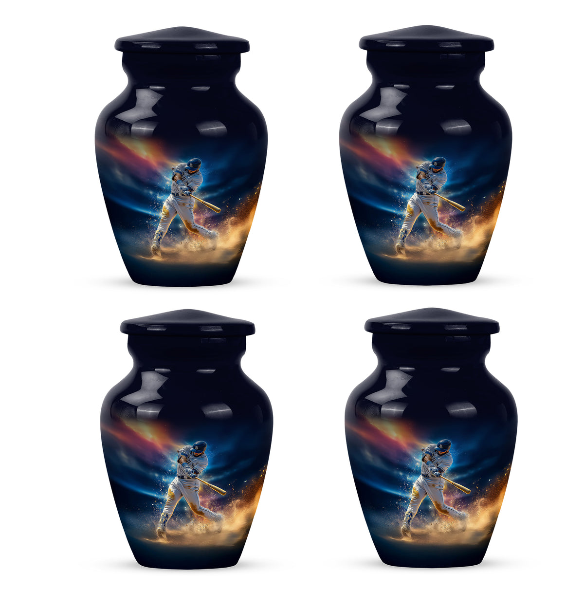 Bright Blue Baseball Cremation Urn side profile showing urn shape - elegant classic baseball relief with fine detailing - 10 inch aluminum urn for cremated remains