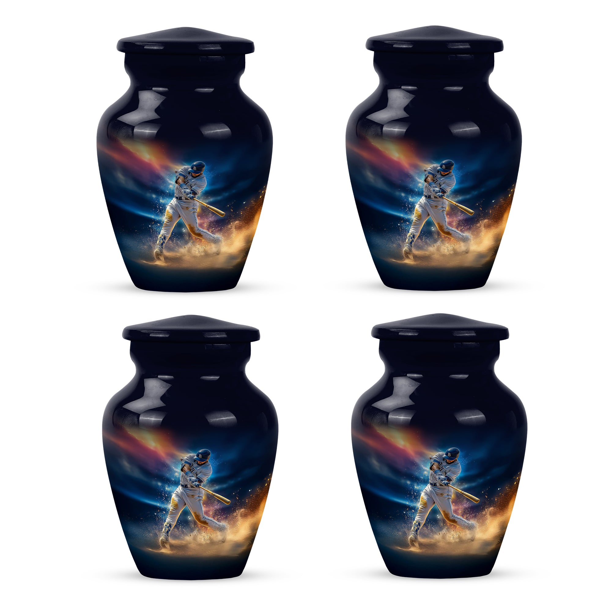 Bright Blue Baseball Cremation Urn side profile showing urn shape - elegant classic baseball relief with fine detailing - 10 inch aluminum urn for cremated remains