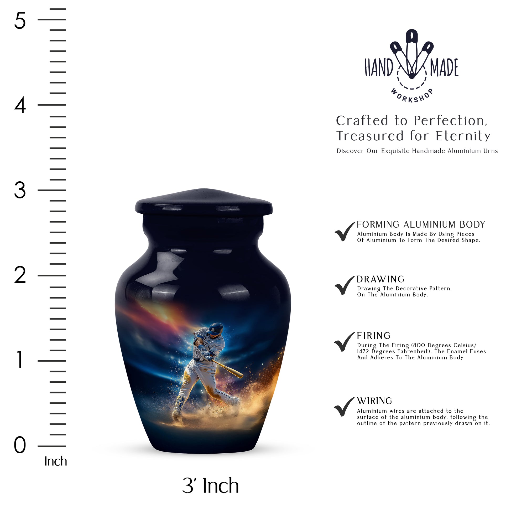 Indigo Baseball Cremation Urn close-up of engraving and surface detail - timeless baseball motif etched into premium metal - mini keepsake memorial for portion of cremation ashes