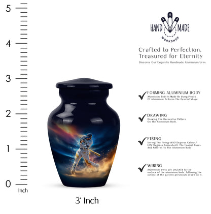 Indigo Baseball Cremation Urn close-up of engraving and surface detail - timeless baseball motif etched into premium metal - mini keepsake memorial for portion of cremation ashes
