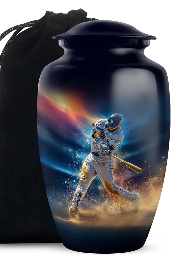 Sky Blue Baseball Cremation Urn angled view of lid and engraved motif - timeless baseball motif etched into premium metal - full-size 10 inch 200 cubic inch adult cremation urn