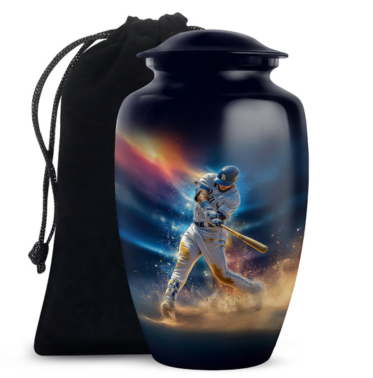 Sky Blue Baseball Cremation Urn angled view of lid and engraved motif - timeless baseball motif etched into premium metal - full-size 10 inch 200 cubic inch adult cremation urn