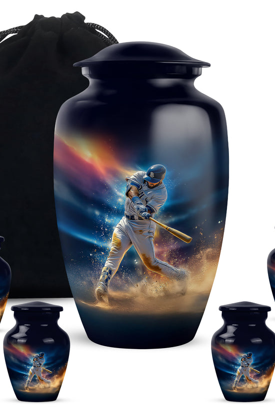 Misty Blue Baseball Cremation Urn top-down view of secure threaded lid - classic sculpted baseball pattern on smooth aluminum - memorial set with one large and four small urns