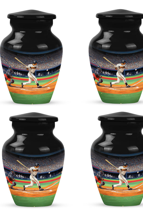 Dark Black Baseball Cremation Urn side profile showing urn shape - elegant classic baseball relief with fine detailing - 10 inch aluminum urn for cremated remains