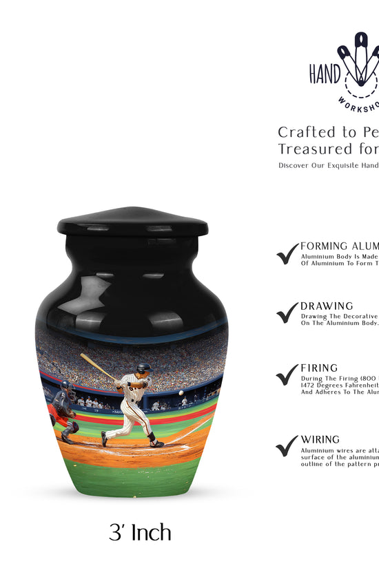 Charcoal Black Baseball Cremation Urn close-up of engraving and surface detail - elegant classic baseball relief with fine detailing - mini keepsake memorial for portion of cremation ashes