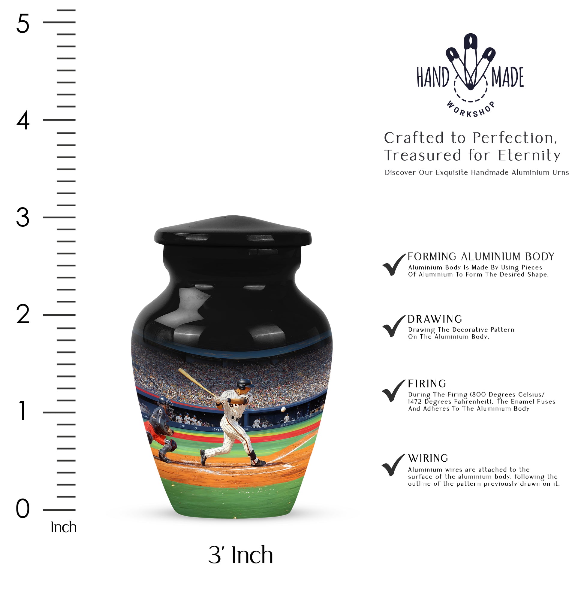 Charcoal Black Baseball Cremation Urn close-up of engraving and surface detail - elegant classic baseball relief with fine detailing - mini keepsake memorial for portion of cremation ashes