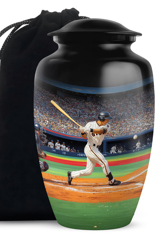 Dark Black Baseball Cremation Urn angled view of lid and engraved motif - traditional baseball engraving with hand-polished finish - full-size 10 inch 200 cubic inch adult cremation urn