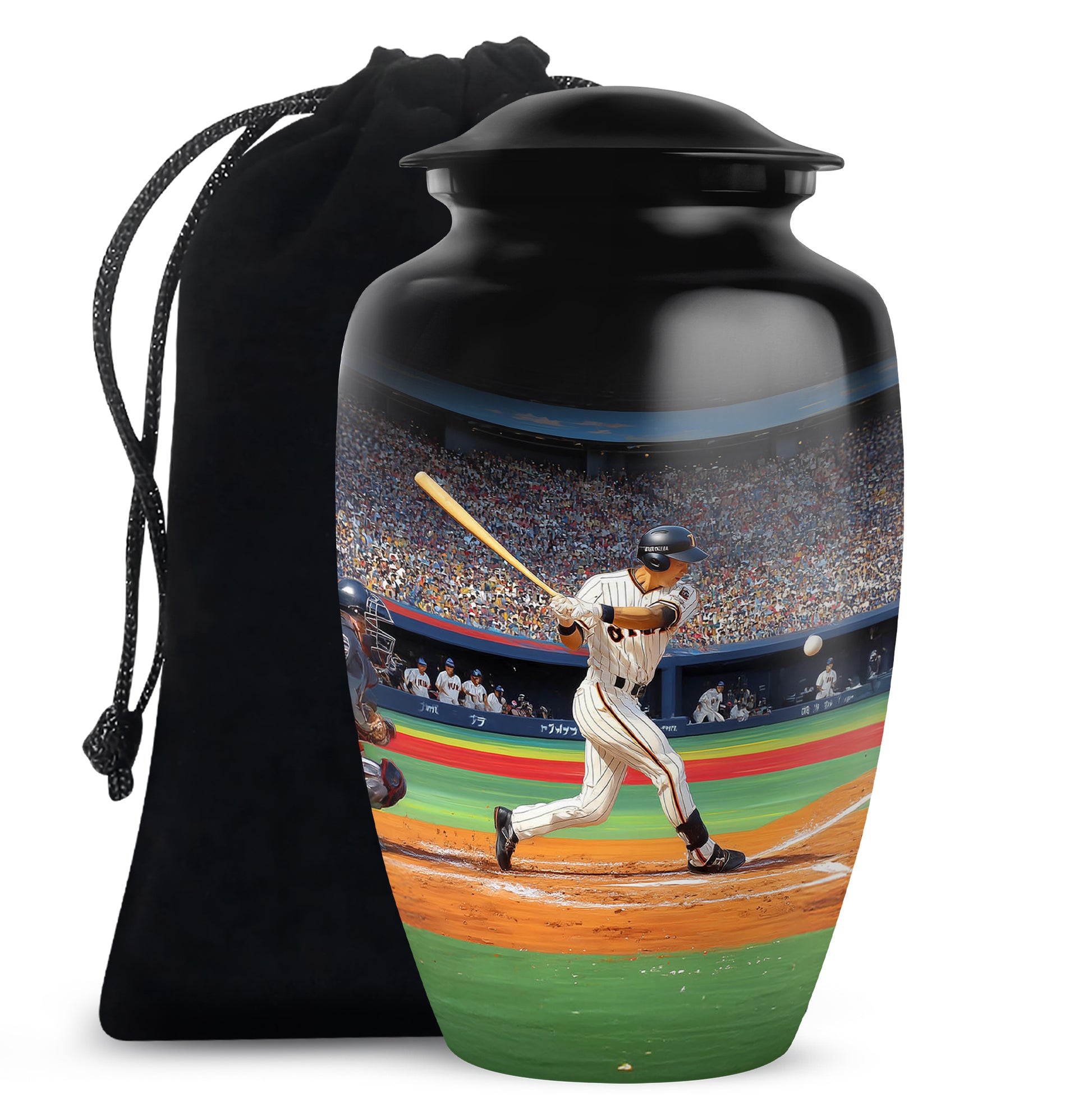 Dark Black Baseball Cremation Urn angled view of lid and engraved motif - traditional baseball engraving with hand-polished finish - full-size 10 inch 200 cubic inch adult cremation urn