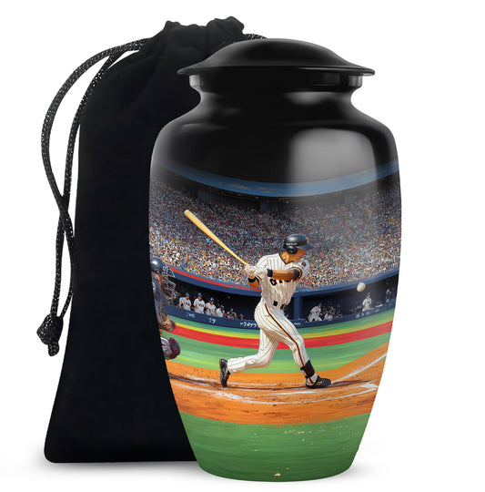 Dark Black Baseball Cremation Urn angled view of lid and engraved motif - traditional baseball engraving with hand-polished finish - full-size 10 inch 200 cubic inch adult cremation urn