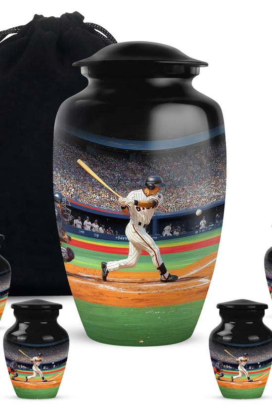 Midnight Black Baseball Cremation Urn top-down view of secure threaded lid - traditional baseball engraving with hand-polished finish - memorial set with one large and four small urns