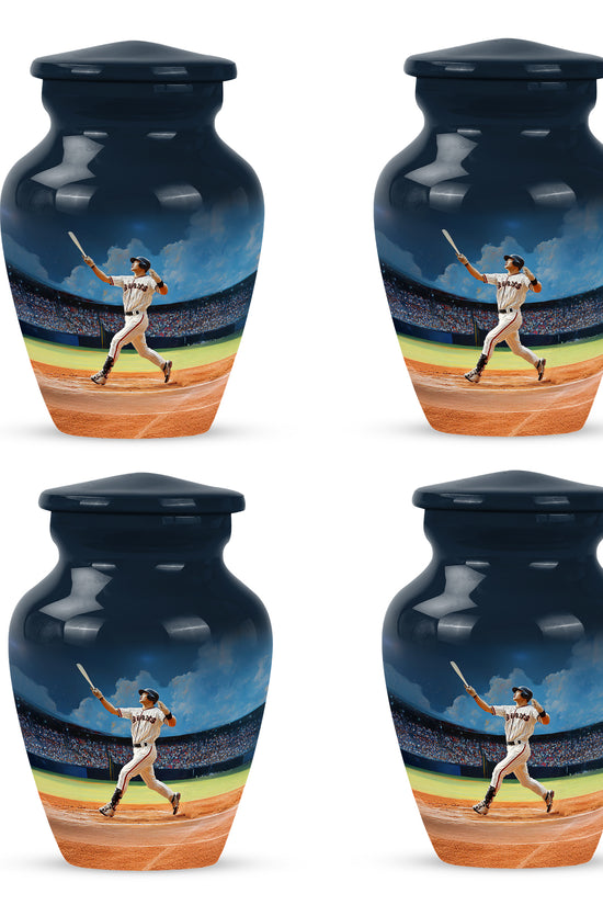 Bright Blue Baseball Cremation Urn side profile showing urn shape - elegant classic baseball relief with fine detailing - 10 inch aluminum urn for cremated remains