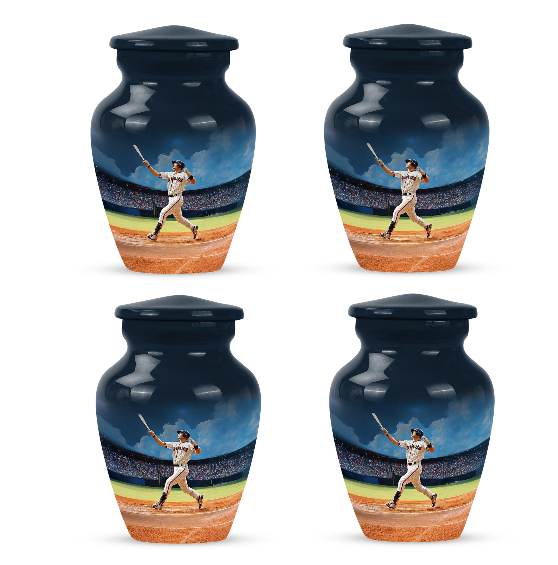 Bright Blue Baseball Cremation Urn side profile showing urn shape - elegant classic baseball relief with fine detailing - 10 inch aluminum urn for cremated remains