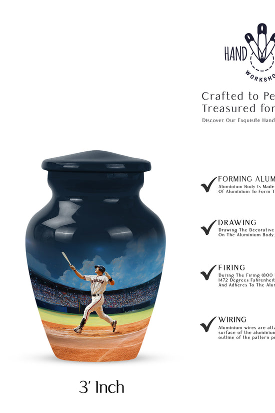 Sky Blue Baseball Cremation Urn close-up of engraving and surface detail - timeless baseball motif etched into premium metal - mini keepsake memorial for portion of cremation ashes