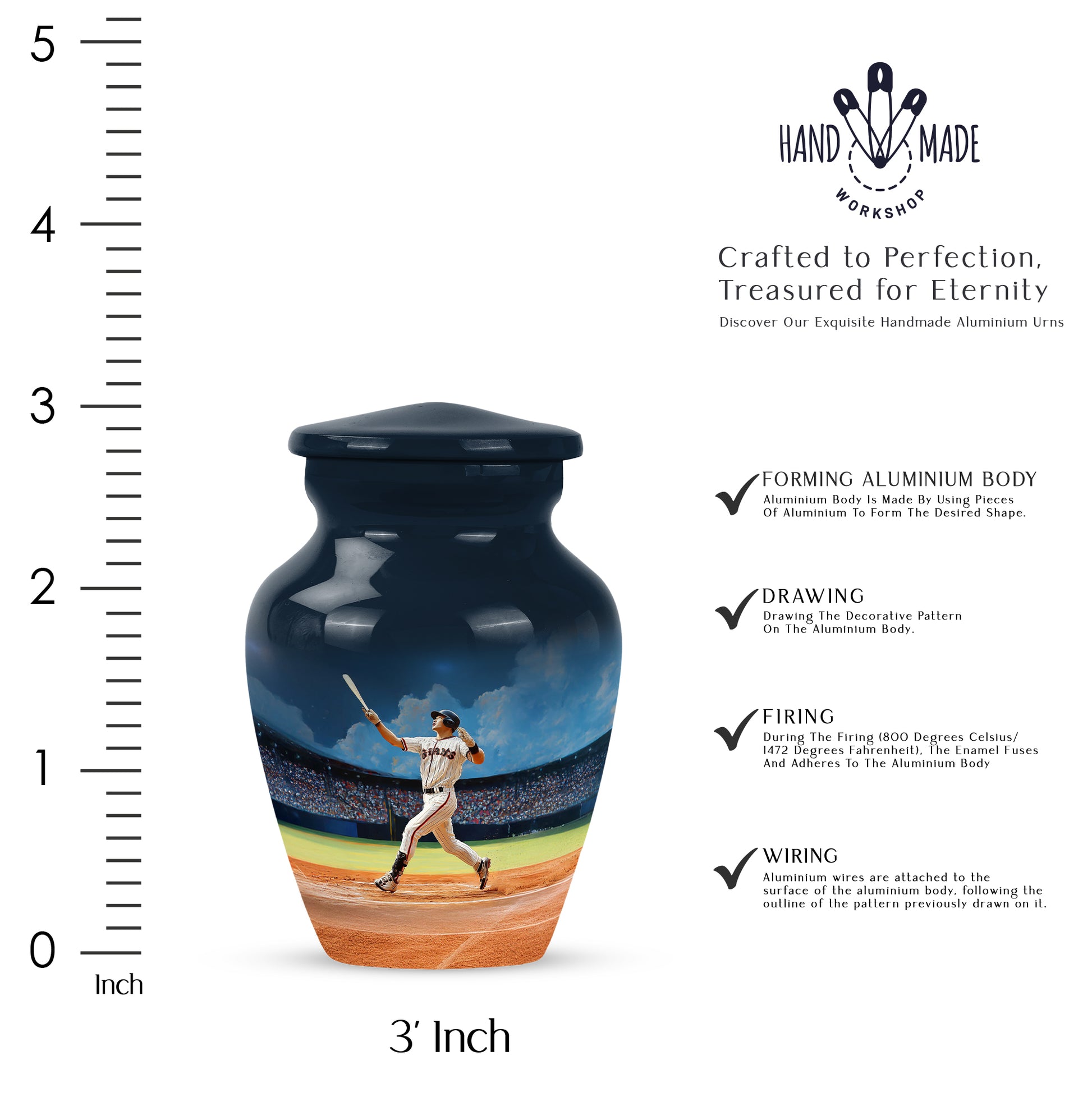 Sky Blue Baseball Cremation Urn close-up of engraving and surface detail - timeless baseball motif etched into premium metal - mini keepsake memorial for portion of cremation ashes