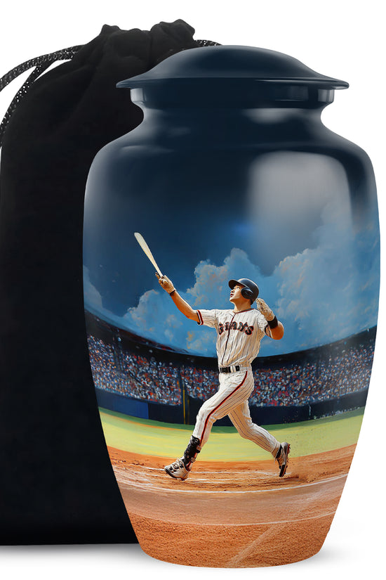 Soft Blue Baseball Cremation Urn angled view of lid and engraved motif - elegant classic baseball relief with fine detailing - full-size 10 inch 200 cubic inch adult cremation urn
