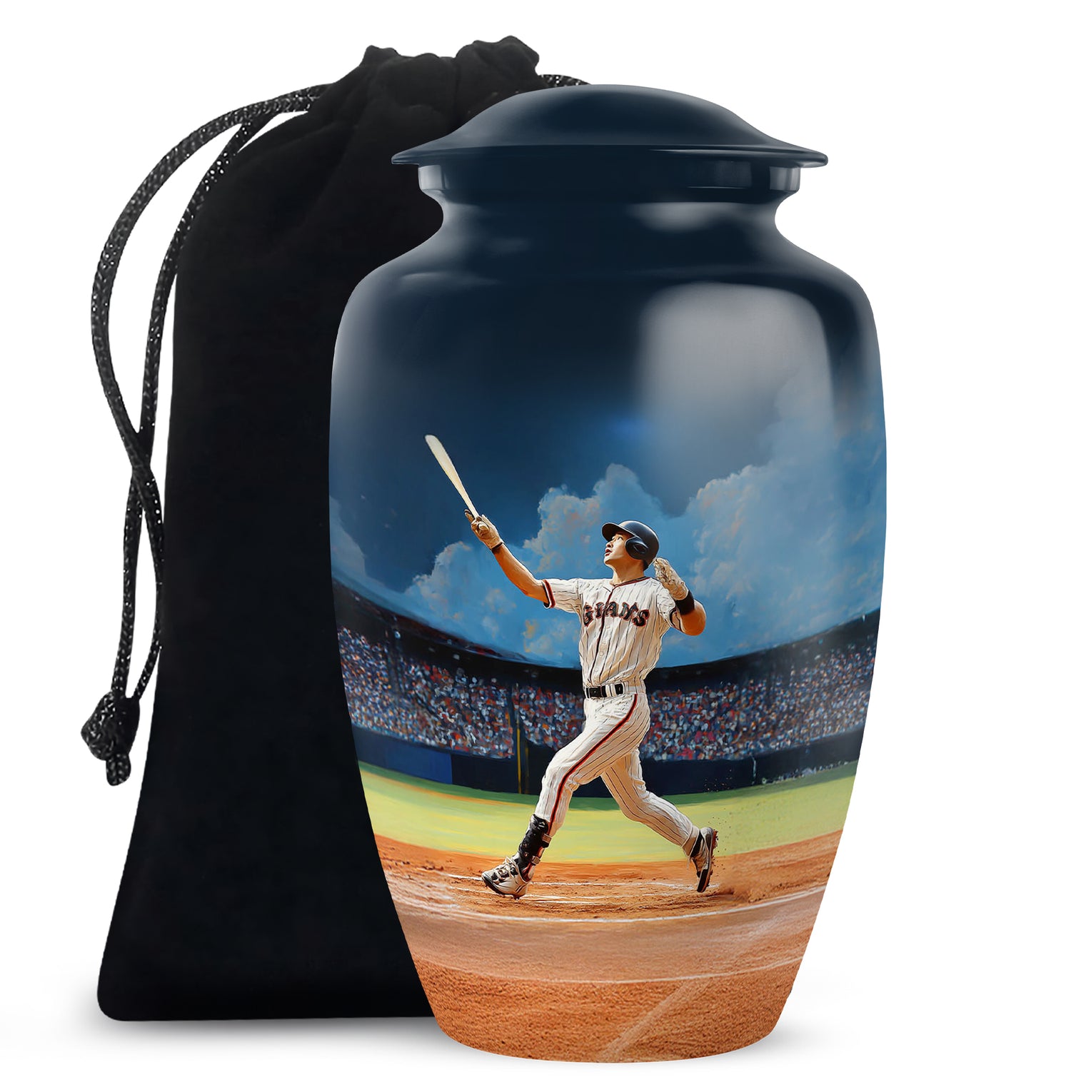 Soft Blue Baseball Cremation Urn angled view of lid and engraved motif - elegant classic baseball relief with fine detailing - full-size 10 inch 200 cubic inch adult cremation urn